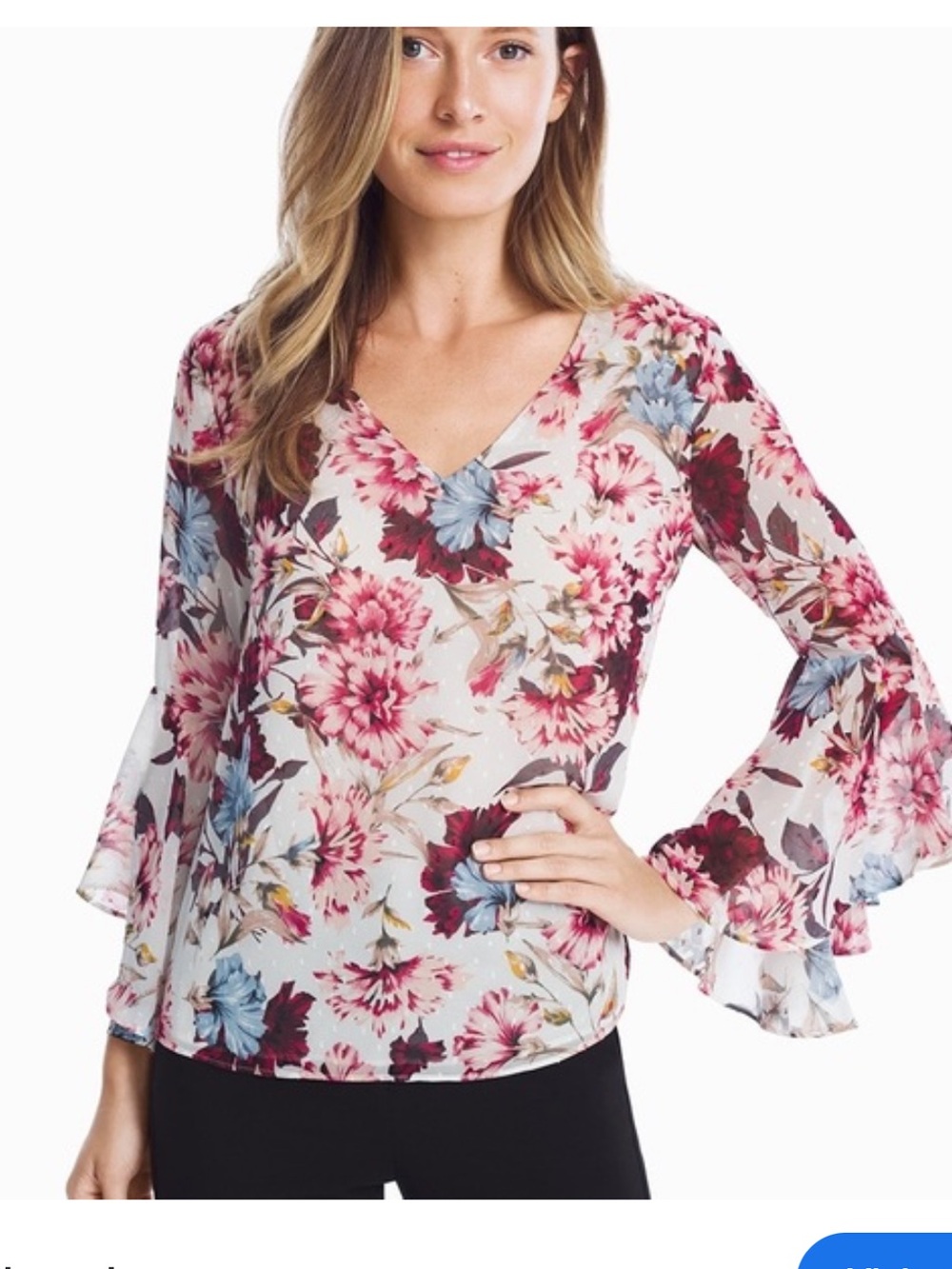 White House Black Market Shirt Floral V-Neck Bell Sleeve Top Open Back Size 14